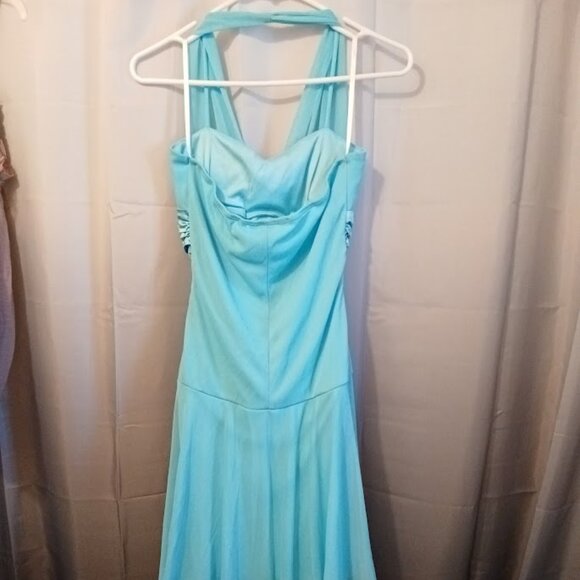 TABOO Formal Dress sz M Chiffon Midi Halter Aqua Blue sexy Wedding Prom Stretch! - Picture 7 of 11